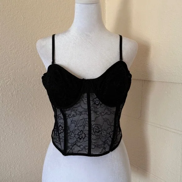 DYNAMITE Black Lace Corset Bustier Top XL Zipper Back Romantic Whimsigoth - Picture 1 of 9